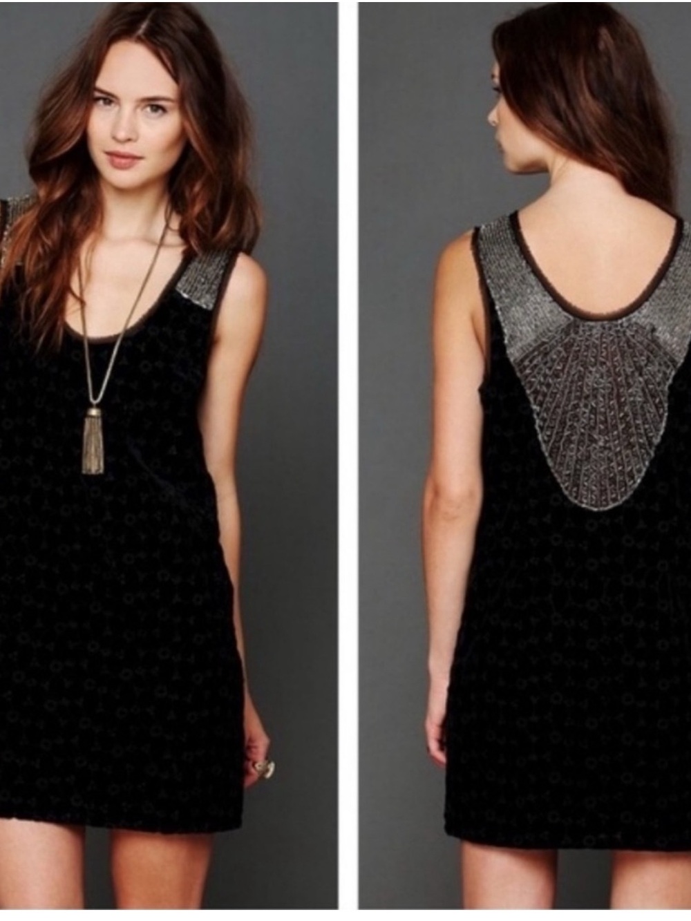 Free People Velvet Eyelet Beaded Dress size 12 Back Sleeveless Scoop Neck Zipper